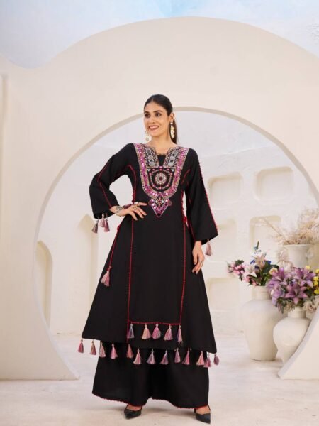 Ethnic Black Rayon Co-ord Set with Thread & Mirror Work