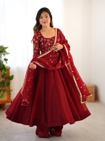 Ethnic Maroon Crunchy Silk Kurta Palazzo Set with Embroidered Dupatta