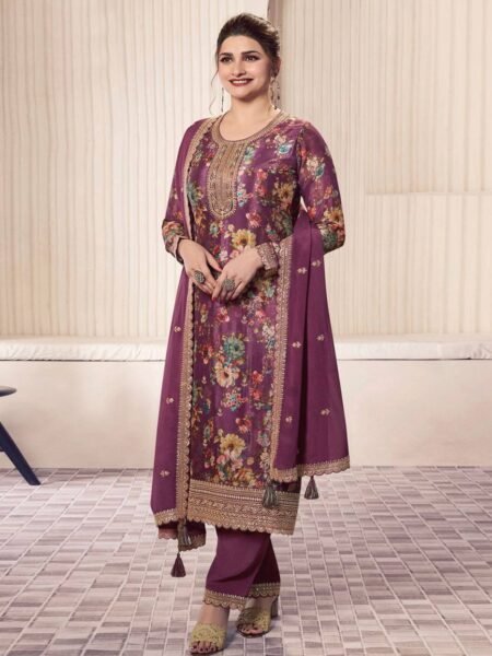 Purple Floral Printed Chinon Silk Suit Set with Sequence & Coding Work