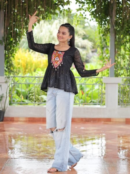 Black Georgette Short Kurti with Schiffli & Kuchi Patch work