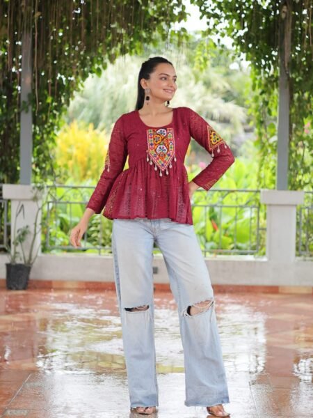 Maroon Georgette Short Kurti with Schiffli & Kuchi Patch work