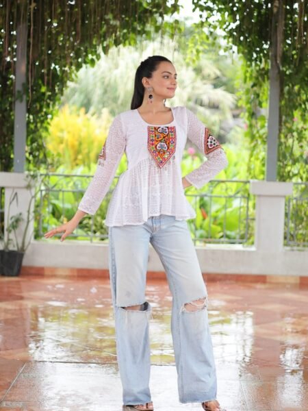 White Georgette Short Kurti with Schiffli & Kuchi Patch work