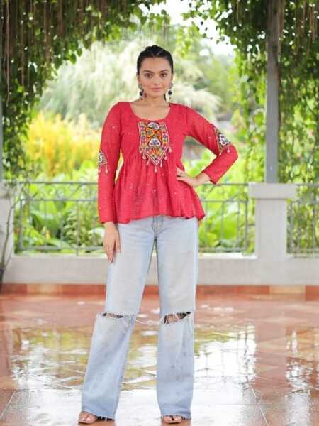 Pink Georgette Short Kurti with Schiffli & Kuchi Patch work