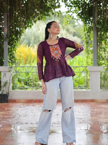 Purple Georgette Short Kurti with Schiffli & Kuchi Patch work