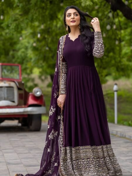 Wine Heavy Gold Embroidered Anarkali Kurta Set