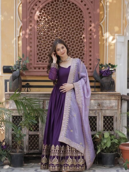 Premium Zari & Sequins Embroidered Gowm with Gold Crush Dupatta
