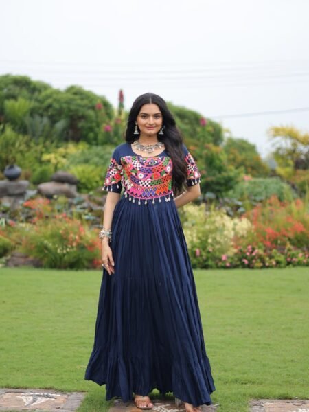 Navy Blue Rayon Gamthi Embroidered Flared Gown