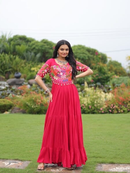 Rani Pink Rayon Gamthi Embroidered Flared Gown