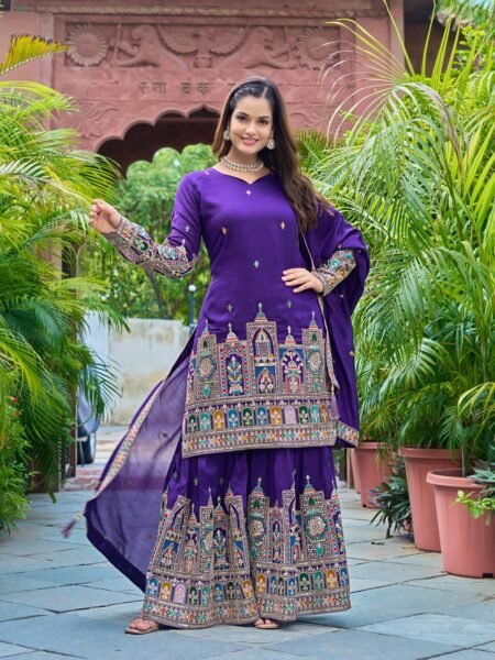 Purple Chinnon Silk Kurta Palazzo Set with Coding Embroidery & Dori-Sequence Work