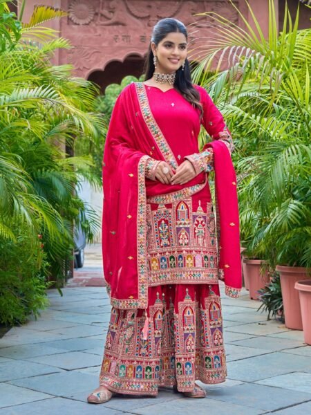 Rani Pink Chinnon Silk Kurta Palazzo Set with Coding Embroidery & Dori-Sequence Work