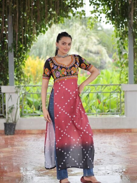 Beautiful Printed Rayon Kurti with Gamthi Embroidery
