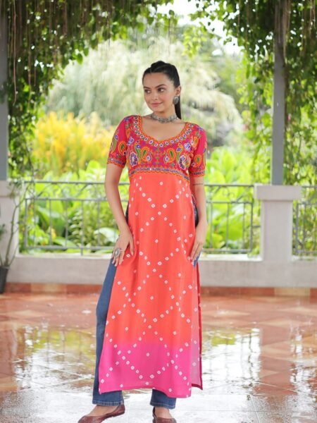 Beautiful Printed Rayon Kurti with Gamthi Embroidery