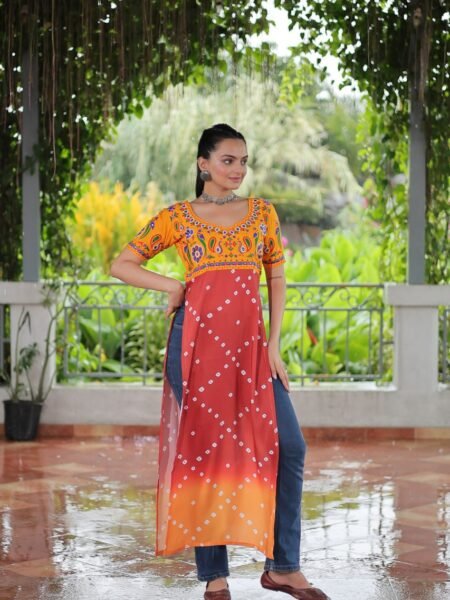 Beautiful Printed Rayon Kurti with Gamthi Embroidery