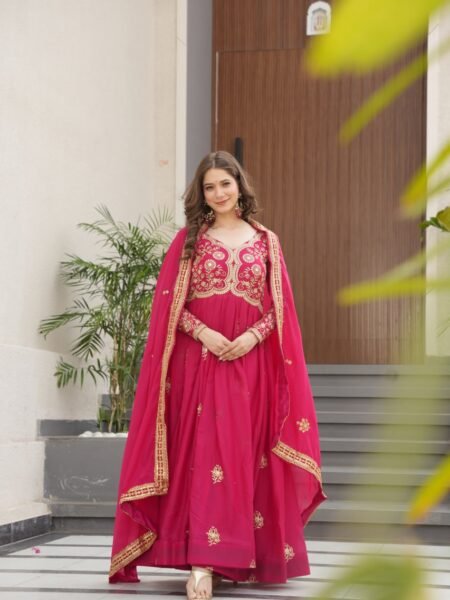 Hot Pink Georgette Anarkali Gown & Dupatta with Zari & Sequins Embroidery