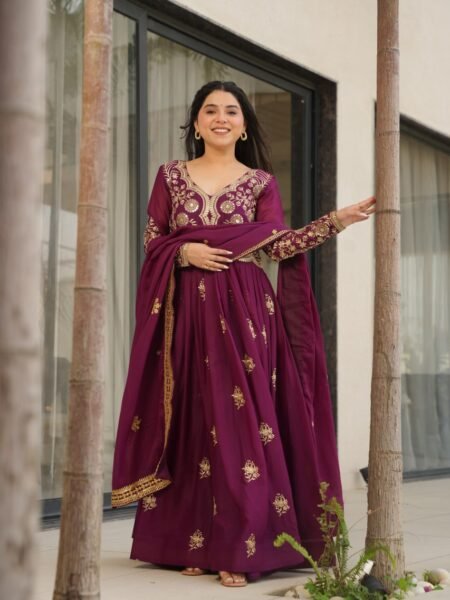 Wine Georgette Anarkali Gown & Dupatta with Zari & Sequins Embroidery