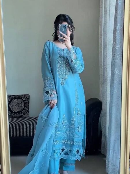 Sky Blue Georgette Sequins Embroidered 3 Pc Suit Set