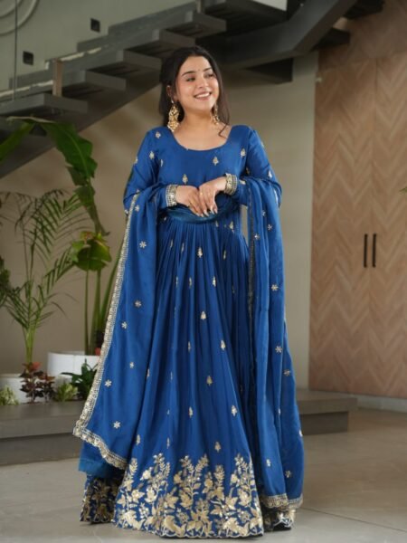 Royal Blue Chinon Gown Set with Heavy Zari & Sequins Embroidery