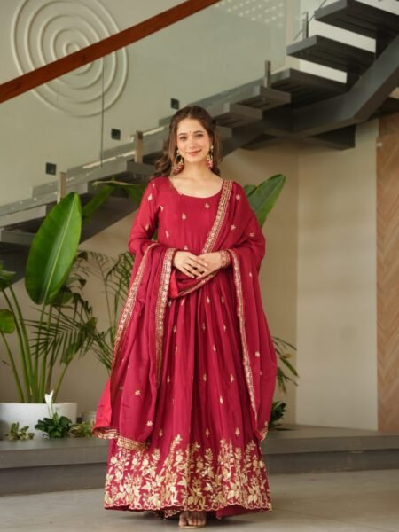 Maroon Chinon Gown Set with Heavy Zari & Sequins Embroidery