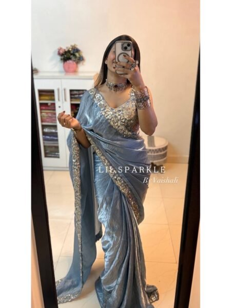 Premium Blue Space Silk Saree with Cording & Sequins Embroidery