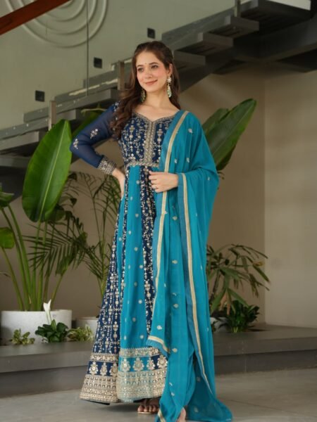 Zari & Sequins Embroidered Blooming Fabric Gown with Dupatta