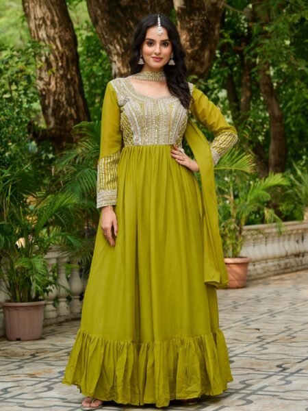 Green Embroidered Georgette Gown with Beads & Sequins Work