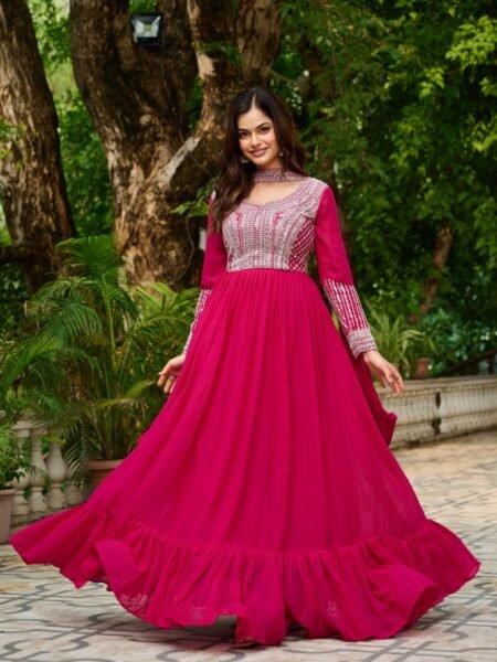 Rani Pink Embroidered Georgette Gown with Beads & Sequins Work