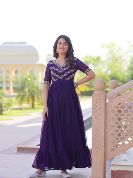 Designer Purple Blooming Gown with Sequins & Multithread Beads Embroidery