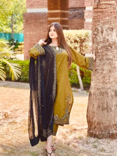 Premium Roman Silk Kurta Palazzo Set with Sequins & Thread Embroidery