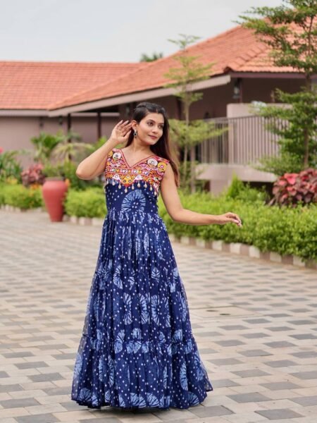 Blue Georgette Gown with Gamthi & Mirror Work with Cording Lace