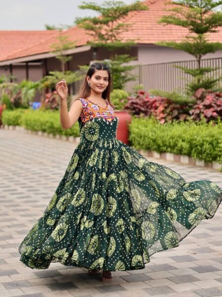 Green Georgette Gown with Gamthi & Mirror Work with Cording Lace