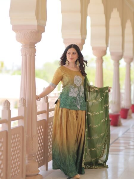 Beads Embroidered Chinon Kurta Sharara Set with Zari & Sequins Work Dupatta