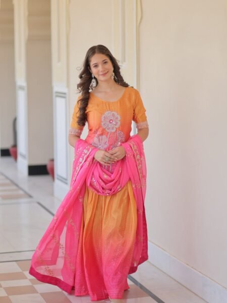 Beads Embroidered Chinon Kurta Sharara Set with Zari & Sequins Work Dupatta