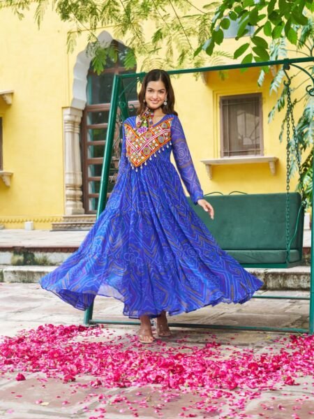 Navratri Special Blue Georgette Gown With Bnadhani Print & Kutchi Patchwork