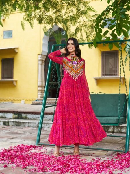 Navratri Special Pink Georgette Gown With Bnadhani Print & Kutchi Patchwork