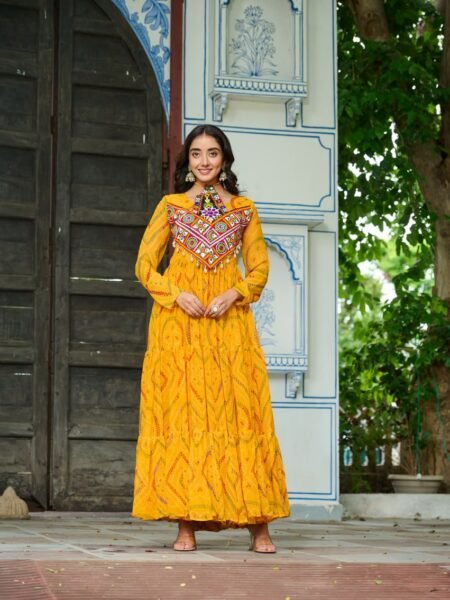 Navratri Special Yellow Georgette Gown With Bnadhani Print & Kutchi Patchwork
