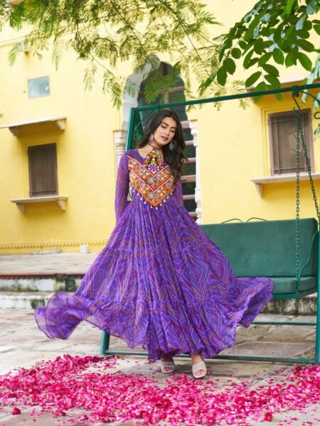 Navratri Special Purple Georgette Gown With Bnadhani Print & Kutchi Patchwork