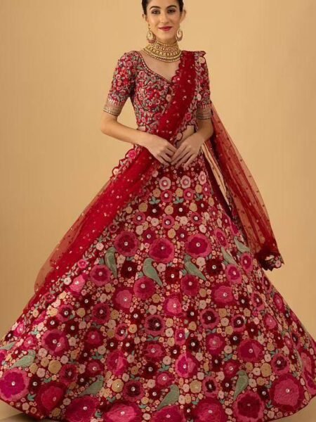 Fuchsia Velvet Lehenga with Sequins & Multicolor Chainstitch Floral Embroidery