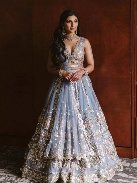 Pastel Blue Lehenga in Net with Beautiful Zari & Foil Embroidery