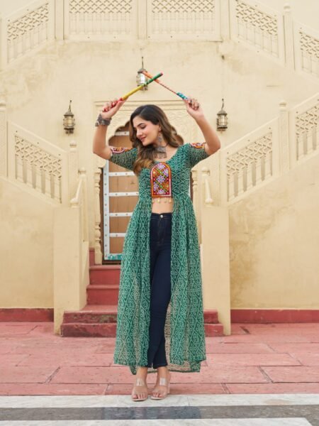 Green Georgette Bandhani Print Kurti with Kutchi Embroidery