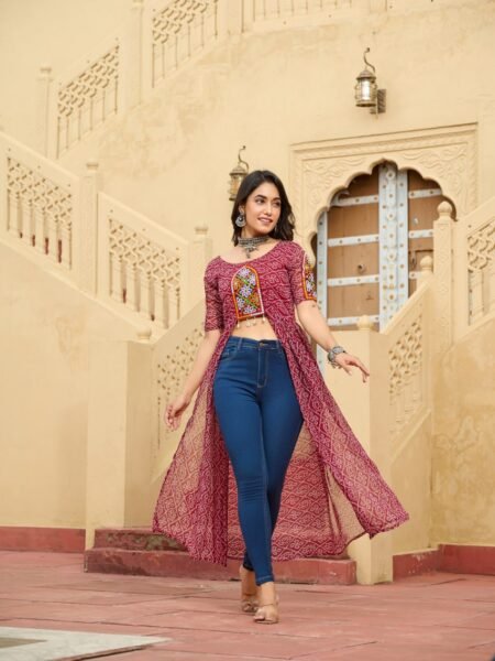 Pink Georgette Bandhani Print Kurti with Kutchi Embroidery