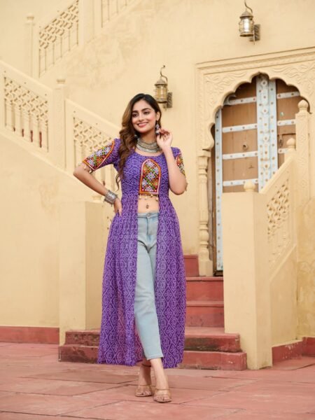 Purple Georgette Bandhani Print Kurti with Kutchi Embroidery