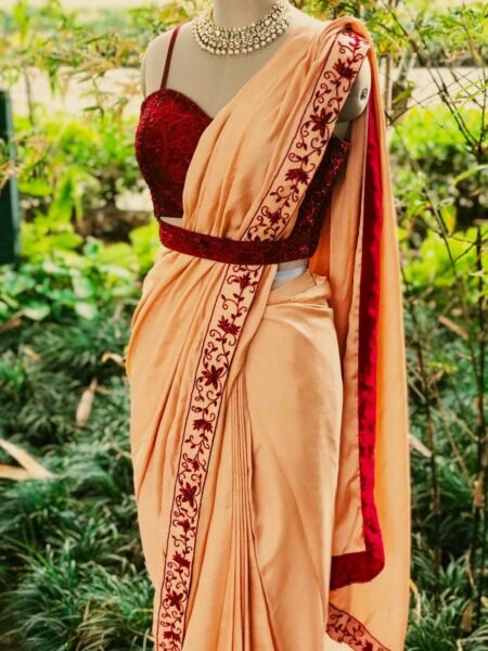 Elegant Belted Silk Saree with Maroon Thread & Stone Border Embroidery