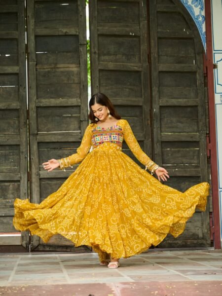 Mustard Bandhani Print Georgette Gown in Kutchi Patchwork