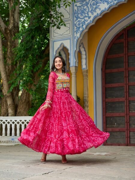 Rani Pink Bandhani Print Georgette Gown in Kutchi Patchwork