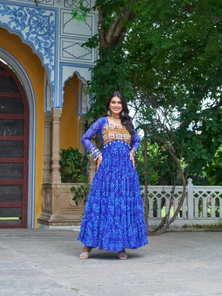Blue Bandhani Print Georgette Gown in Kutchi Patchwork