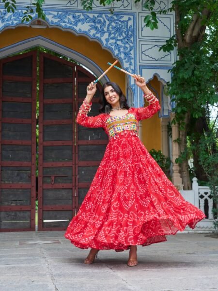 Red Bandhani Print Georgette Gown in Kutchi Patchwork
