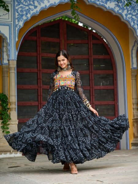 Black Bandhani Print Georgette Gown in Kutchi Patchwork