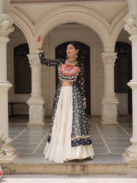 Ethnic Black Bandhani Kutchi work Kurti with White Flared Lehenga