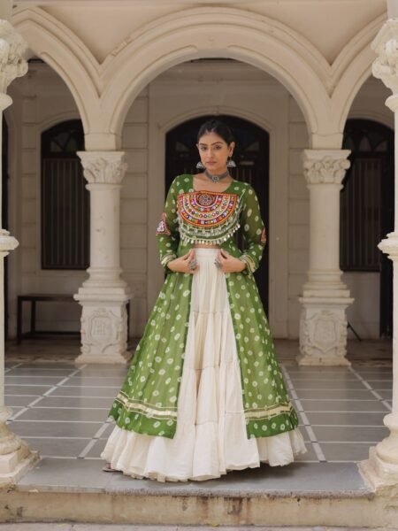 Ethnic Olive Green Bandhani Kutchi work Kurti with White Flared Lehenga
