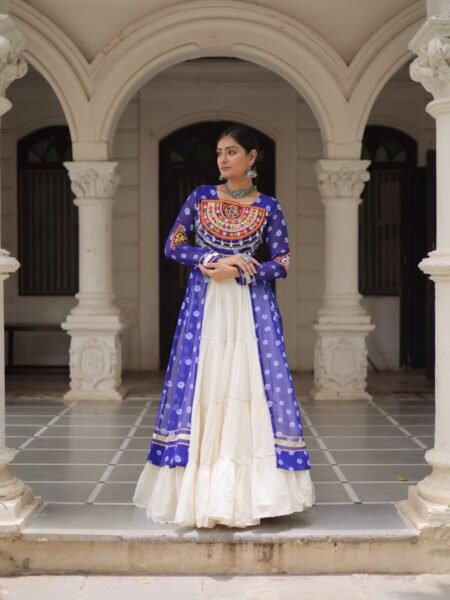 Ethnic Blue Bandhani Kutchi work Kurti with White Flared Lehenga